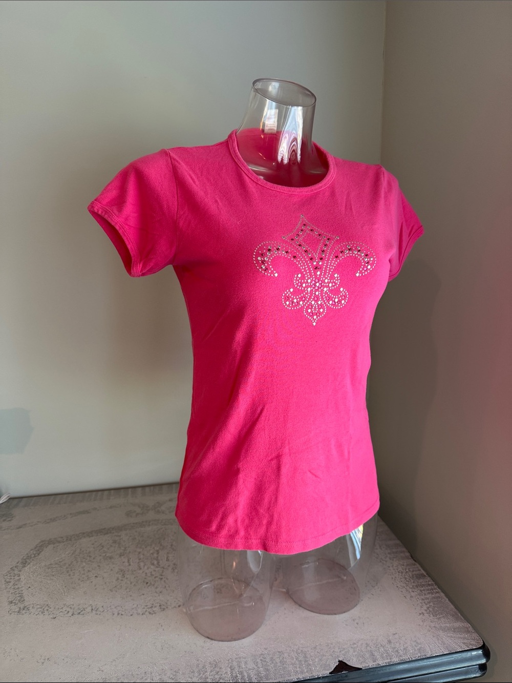 Anvil Hot Pink Rhinestone Fleur-de-Lis Short Sleeve Tee